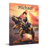 Art mural personnalisé sur toile de dinosaure - Enfant chevauchant un dinosaure T-Rex, cadeaux pour petit-fils/fils/amant de dinosaures